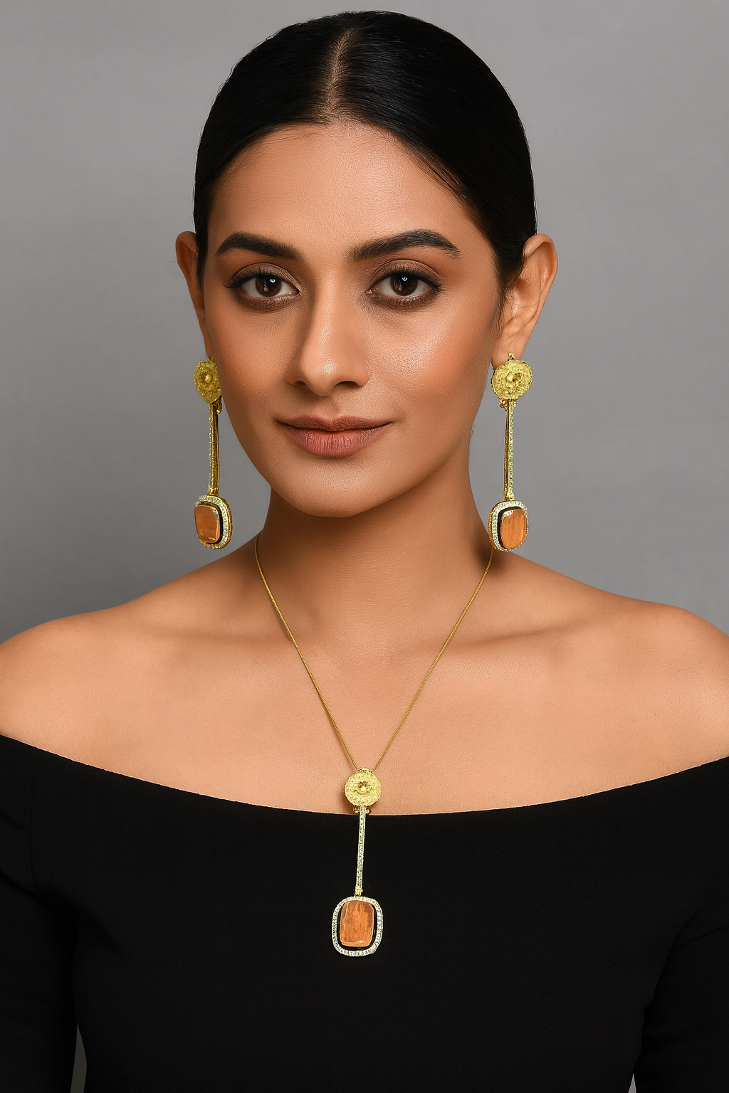 SABYA  GOLD POLISH ORANGE AD PENDANT SET FOR WOMEN