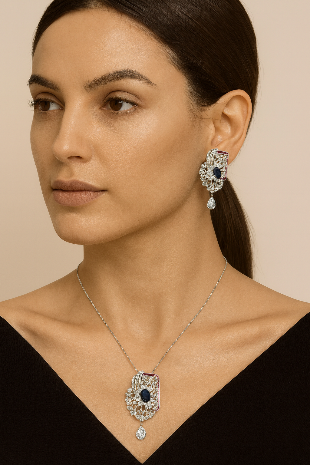 AMERICAN DIAMOND PENDANT SET FOR WOMEN WITH SILVER POLISH