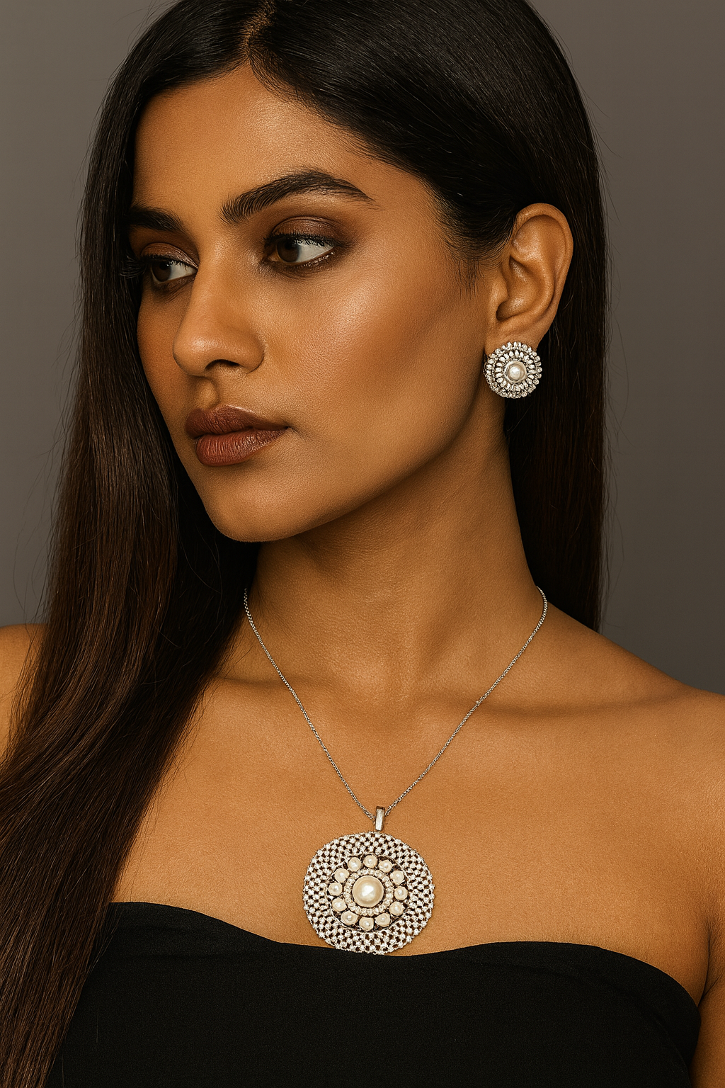 GOLD POLISH WITH WHITE AD STONE PENDANT SET FOR WOMEN
