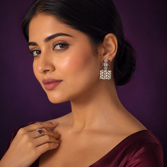 Unique Woven Pattern Silver Earrings with Pink Gem Accents