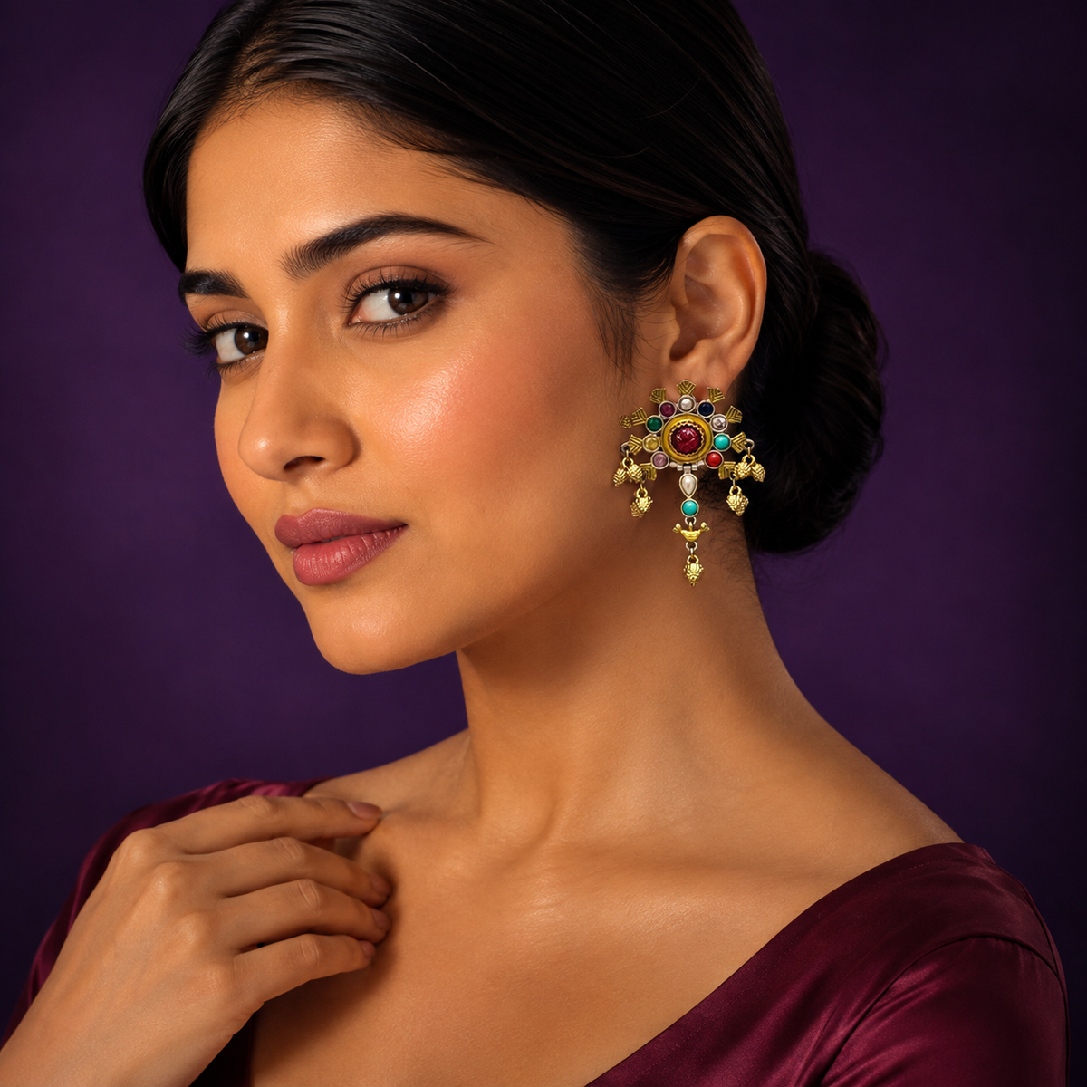 Red Colour Studded Dual Tone Earring for Women