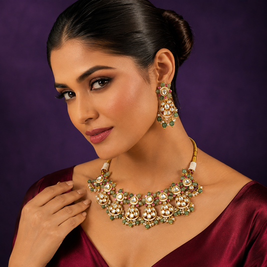 Peeli Polki With  Mint Beads Necklace With Earrings