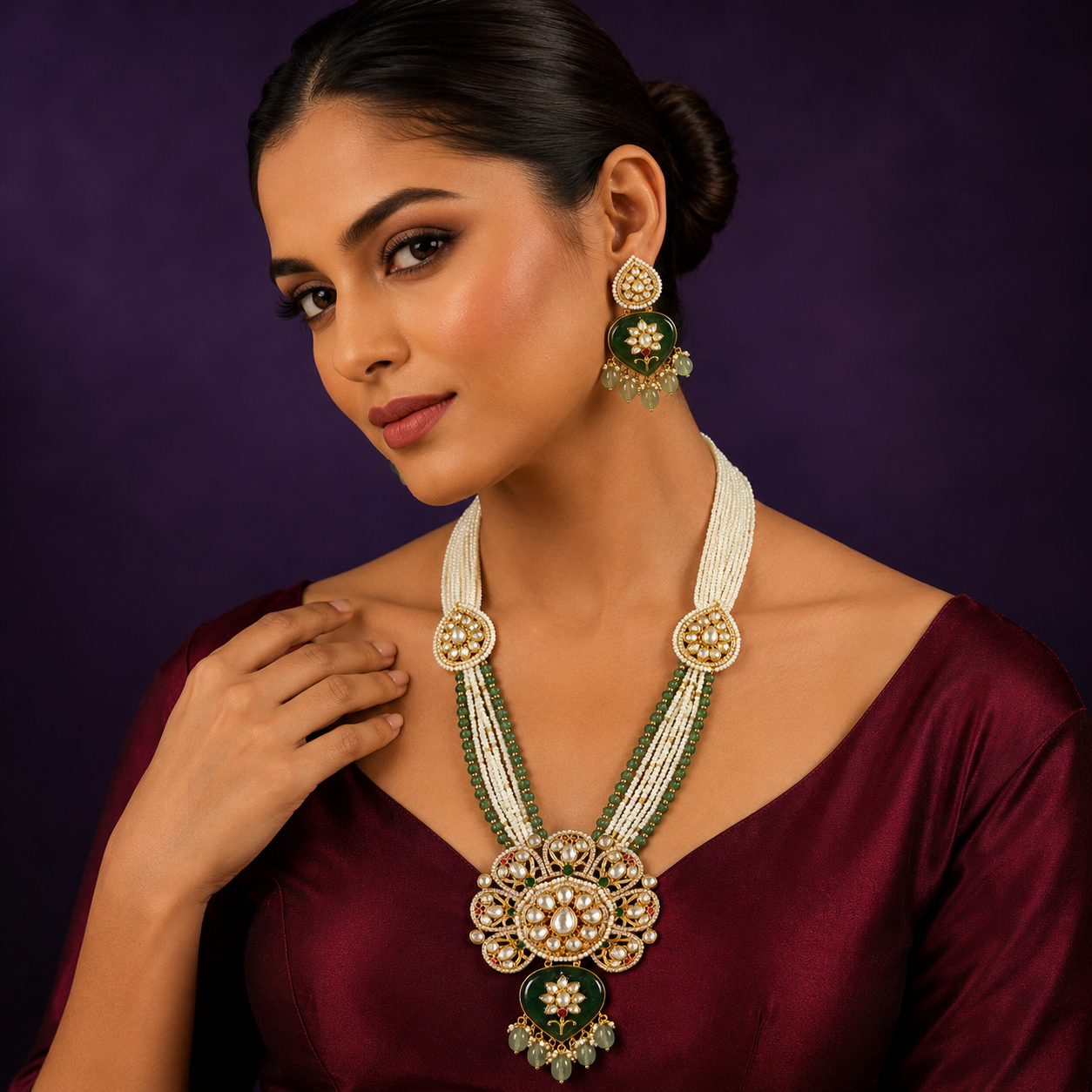 Long Rajputana Kundan Necklace With Earring For Women