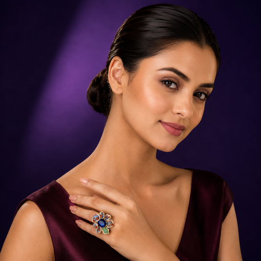 Centre Blue Stone With Colorful CZ Ring