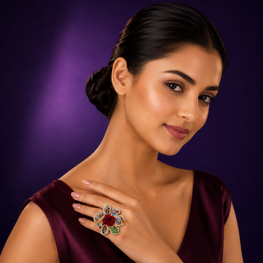 Centre Red Stone With Colorful CZ Ring