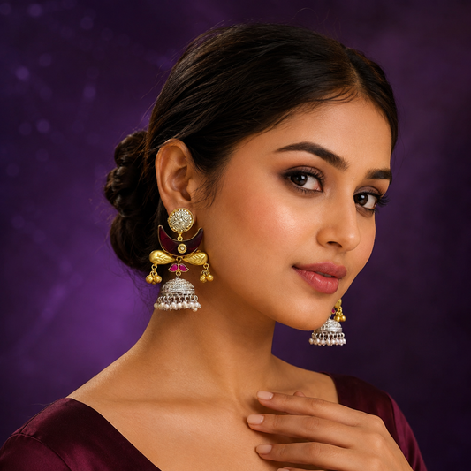Dual-Tone Enamel Jhumka Earrings with Pearl Beads & Floral Design