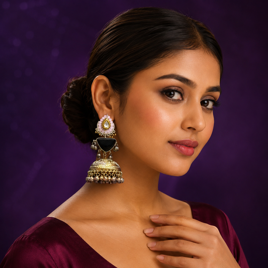 Ethnic Black Stone Kundan Jhumka Earrings in Antique Gold