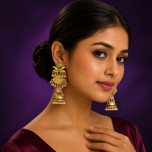 Handcrafted Gold-Plated Jhumka Earrings with Kundan & Pearl Detailing