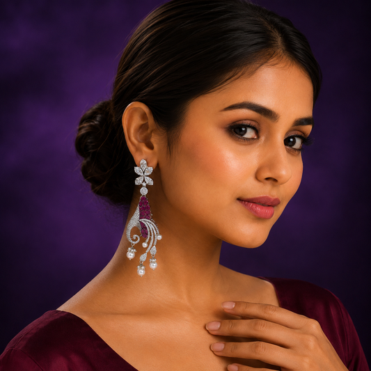 Crystal Peacock Design Earrings with Pink Stones & Pearl Danglers