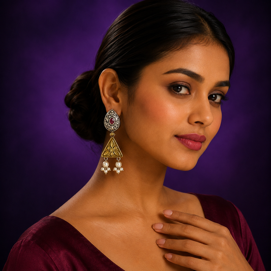 Oxidized Silver Earrings with Red Stone, Golden Triangle Design & Pearl Drops