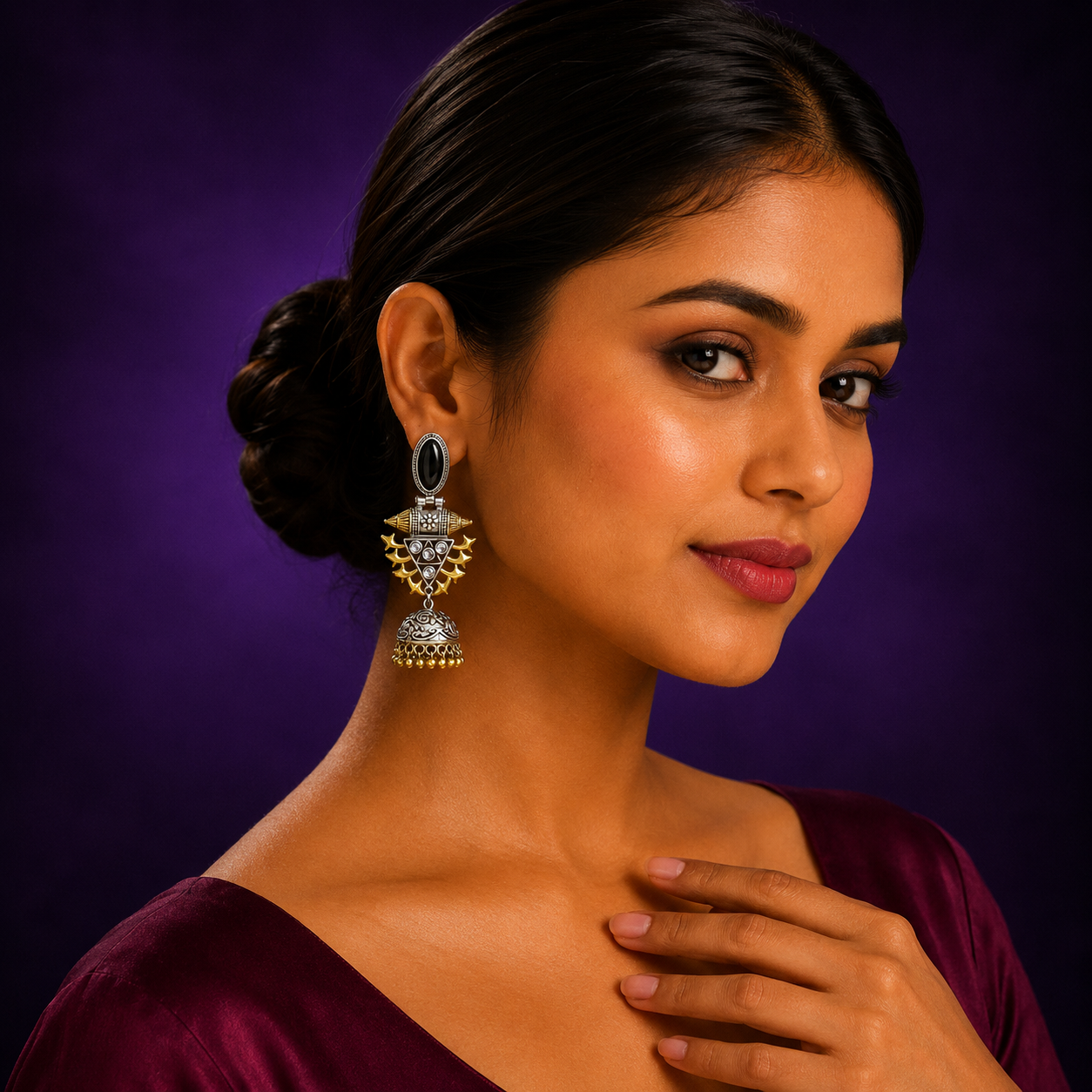 Oxidized Silver Jhumka Earrings with Black Stone & Golden Detailing