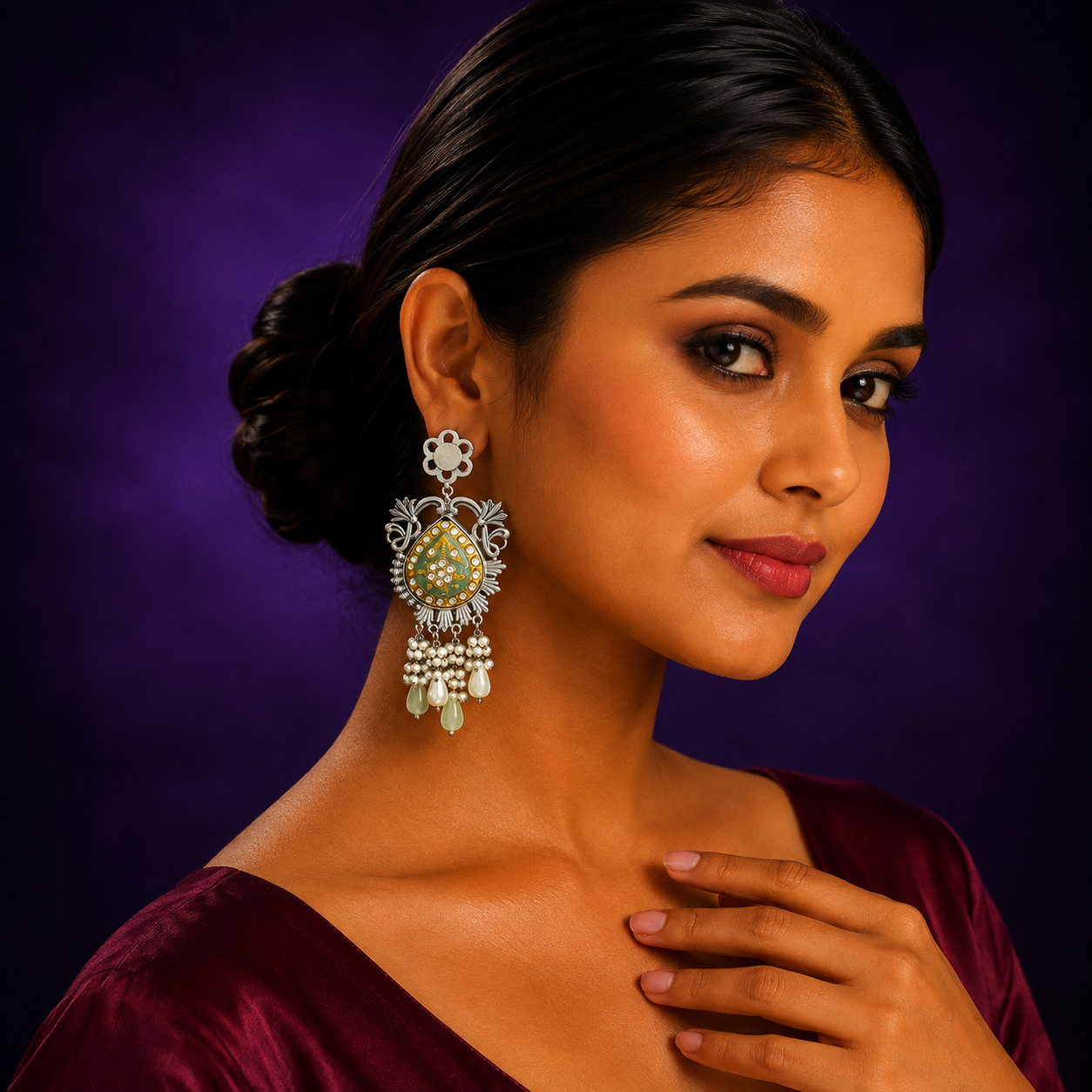 Oxidized Silver Earrings with Green & Gold Meenakari Work and Pearl Beads