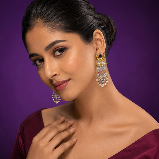 Oxidized Silver Statement Earrings with Black Stone & Pearl Danglers