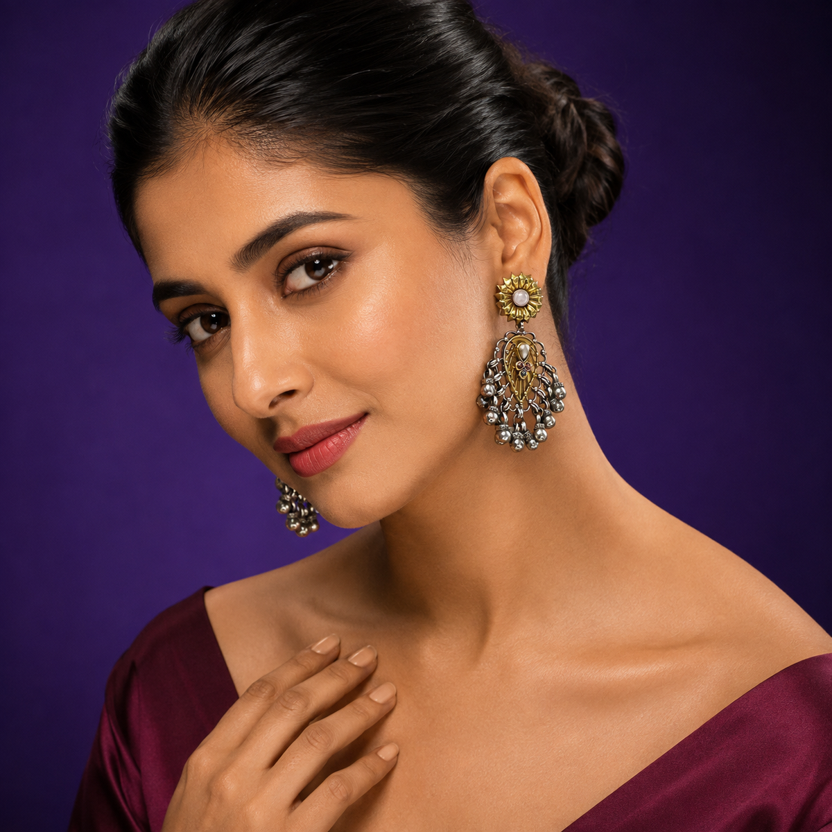 Antique Silver Oxidized Earrings with Floral Pink Stud & Ghungroo Bells
