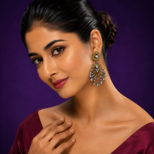 Antique Silver Oxidized Jhumka Earrings with Floral Stud & Ghungroo Bells