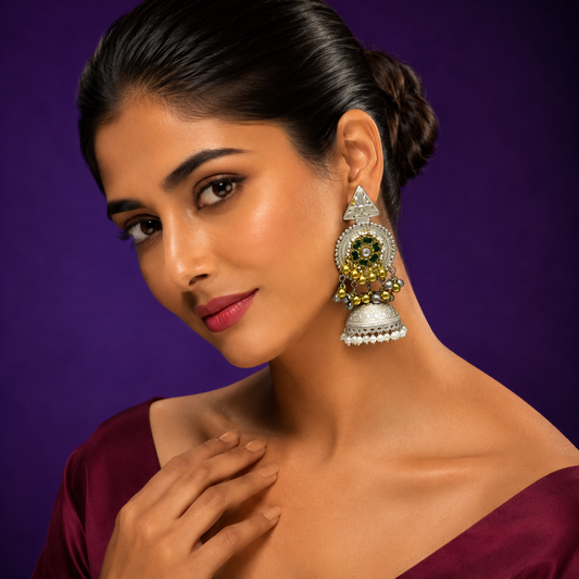 Ethnic Silver Earrings with Golden Beads, Green Stone Floral Design & Pearl Drops