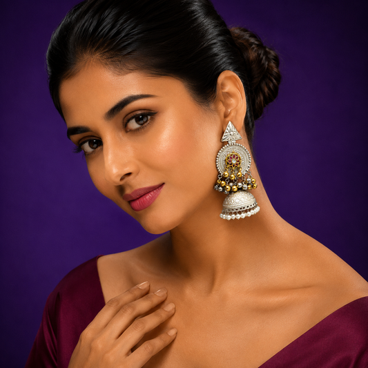 Ethnic Silver Earrings with Golden Beads, Pink Stone Floral Design & Pearl Drops