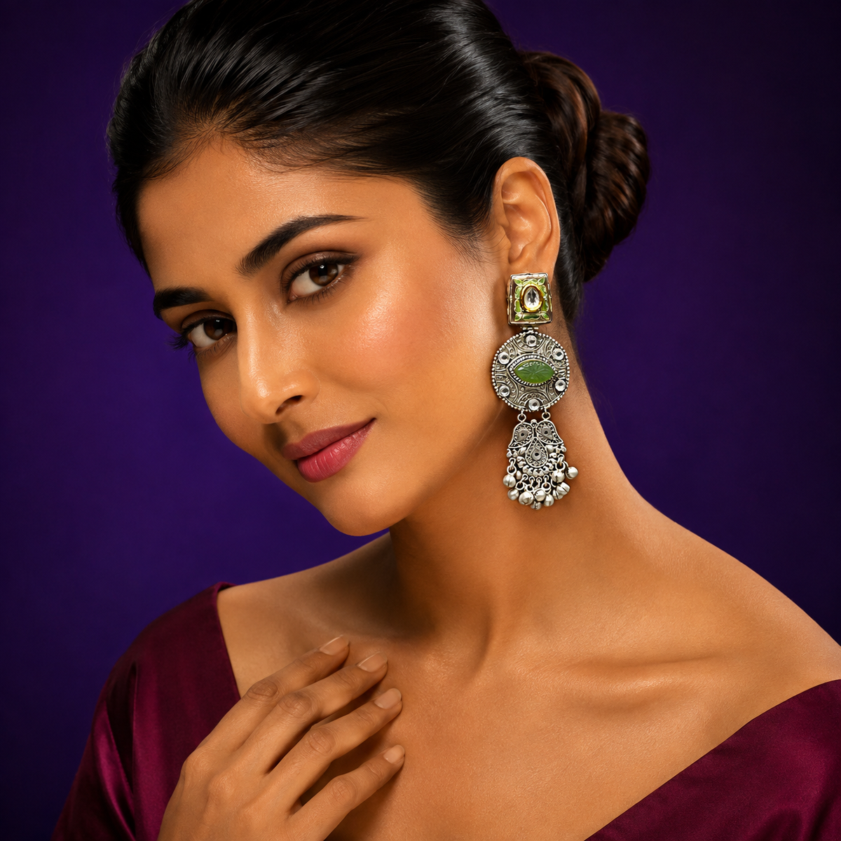 Silver Round Earrings with Green Stone, Kundan Work & Pearl Drops