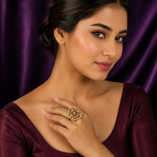 Colorful  Paachi Kundan Ring With Hanging For Women