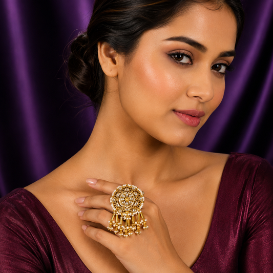 Elegant Paachi Kundan Ring With Hanging