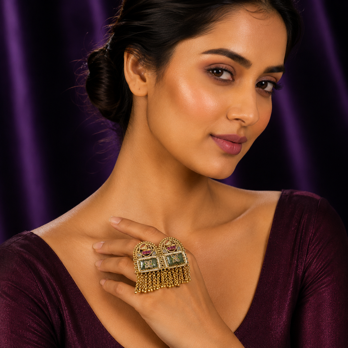 Double Finger With hanging Strings Rajwadi Ring For Women