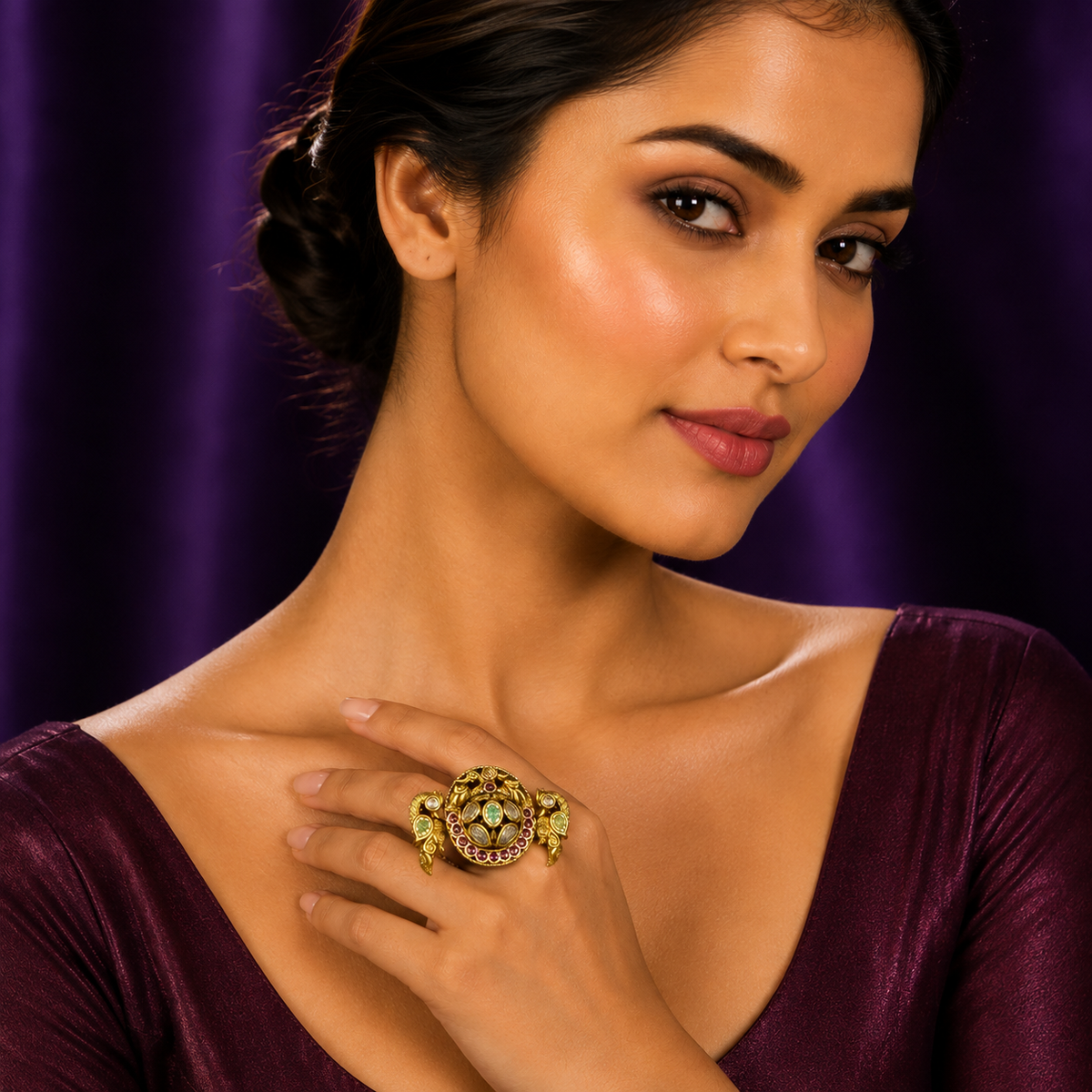 Double Fimger Ring With Kundan Stones For Women