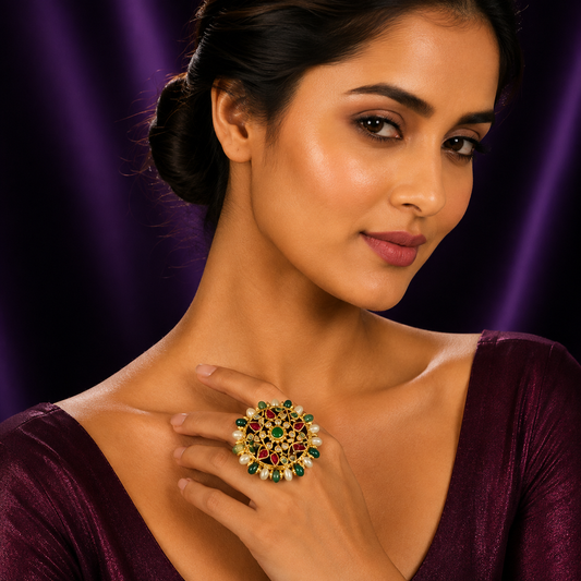 Colorful Paachi Kundan OverSized Ring For Women