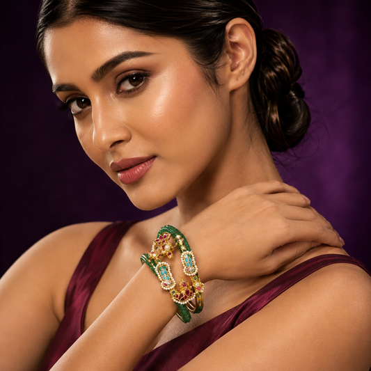 Beading With Paachi With Motives Bangle In Green For Women