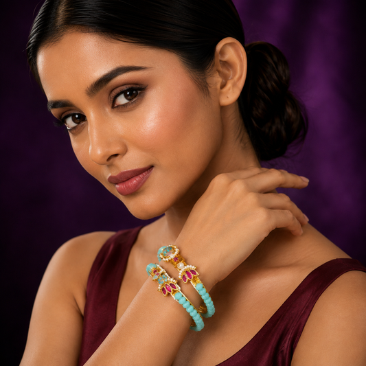 Beading With Paachi With Motives Bangle In Blue For Women