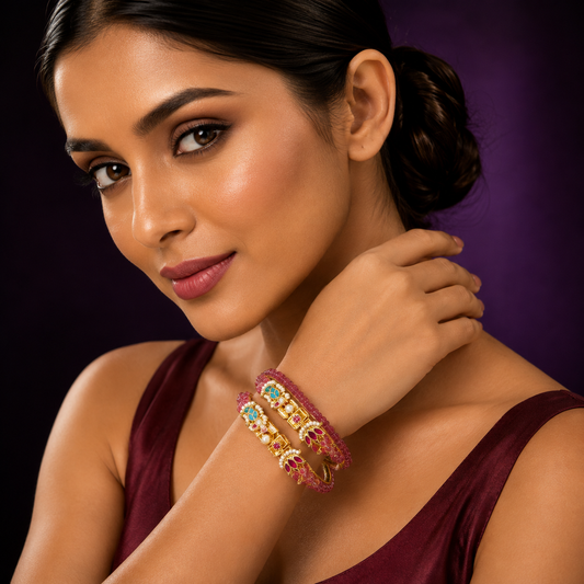 Beading With Paachi With Motives Bangle In Ruby For Women