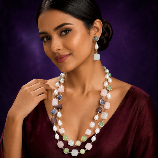 DOUBLE LAYERED MALA WITH COLOR STONES IN MULTI FOR WOMEN