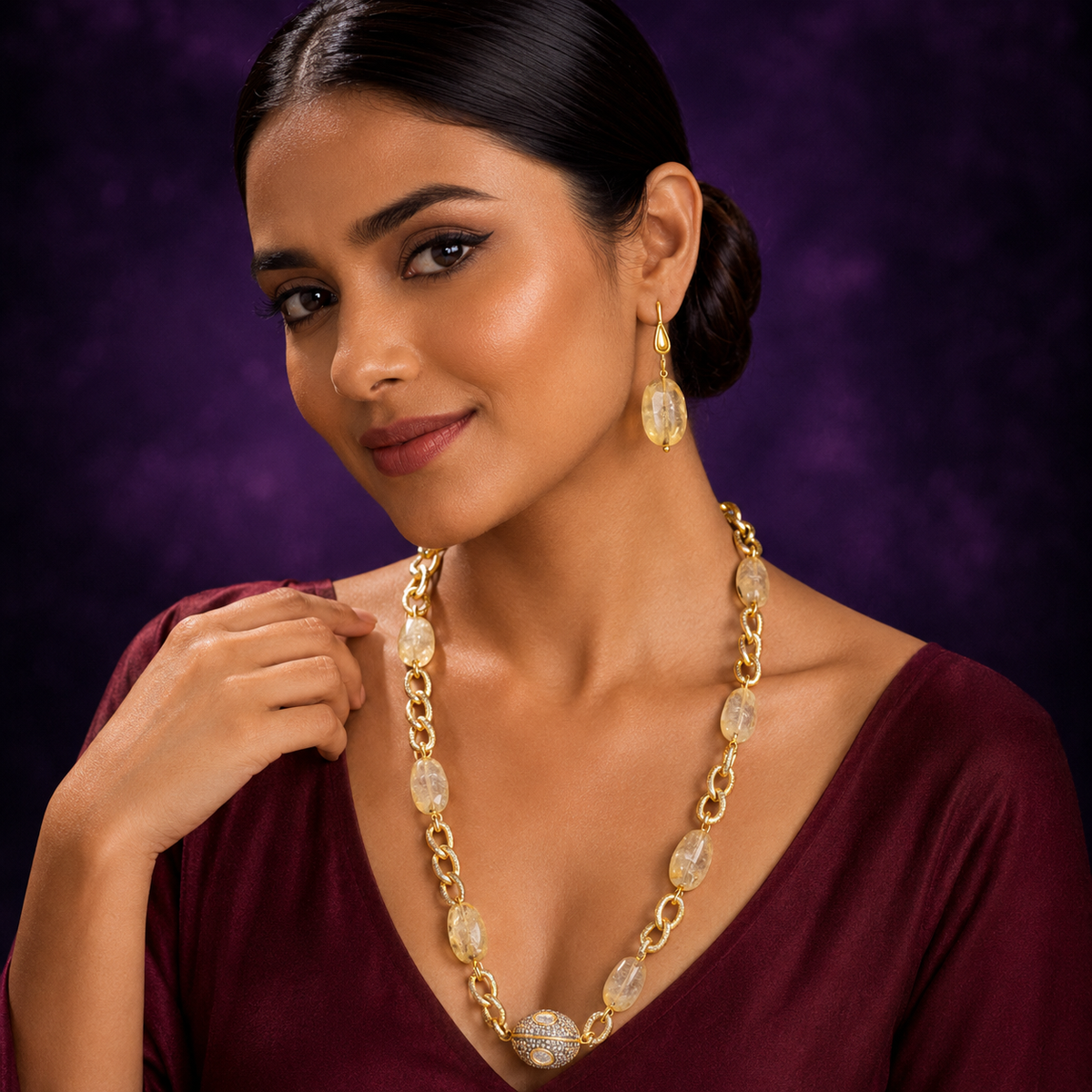 GOLDEN CHAIN WITH DUZY STONES MALA LITE YELLOW FOR WOMEN
