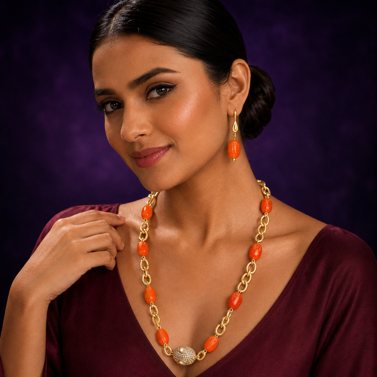 GOLDEN CHAIN WITH DUZY STONES MALA LITE ORANGE FOR WOMEN