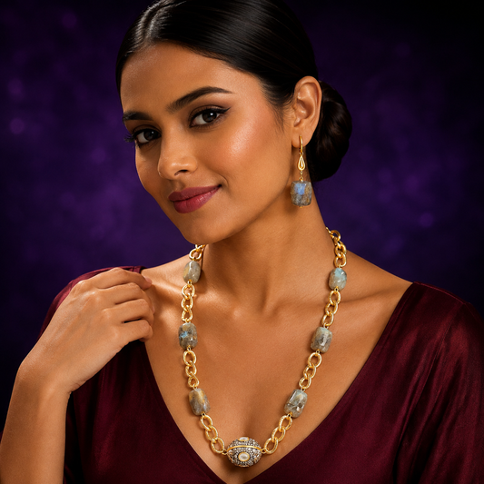 GOLDEN CHAIN WITH DUZY STONES MALA LITE TEAL FOR WOMEN