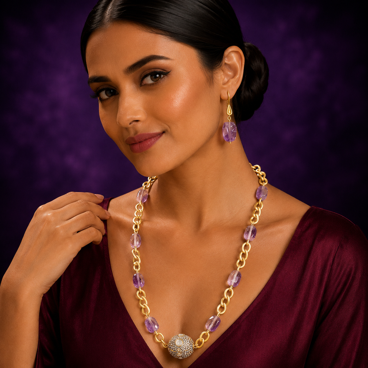 GOLDEN CHAIN WITH DUZY STONES MALA LITE PURPLE FOR WOMEN
