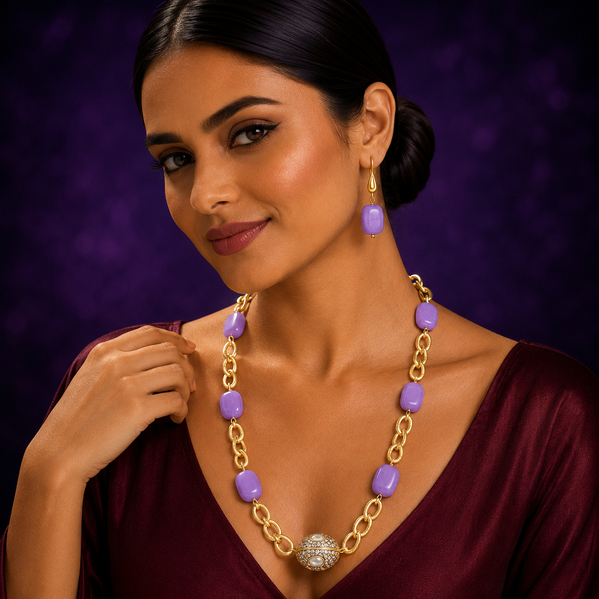 GOLDEN CHAIN WITH DUZY STONES MALA PURPLE FOR WOMEN