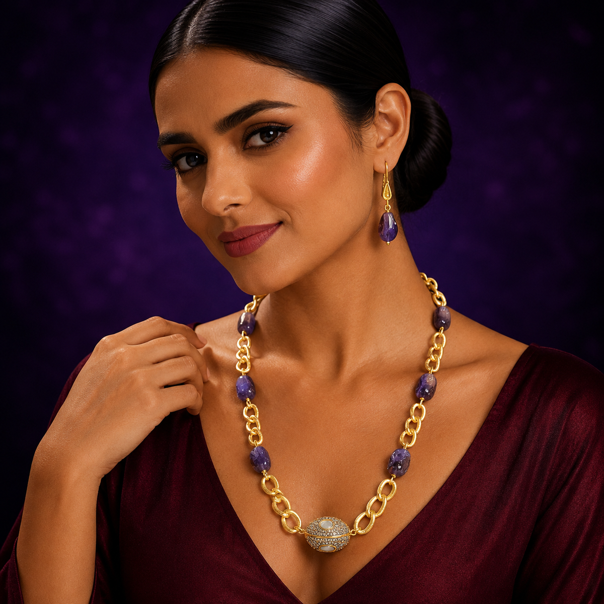 GOLDEN CHAIN WITH DUZY STONES MALA AMETHIST FOR WOMEN