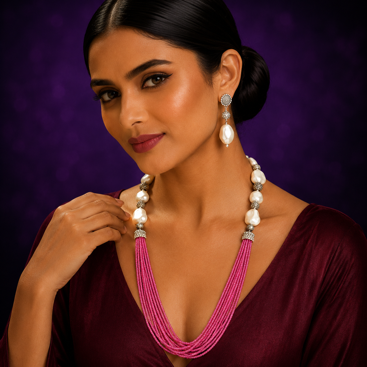 HALF LAYERD AND STONES MALA IN PINK FOR WOMEN