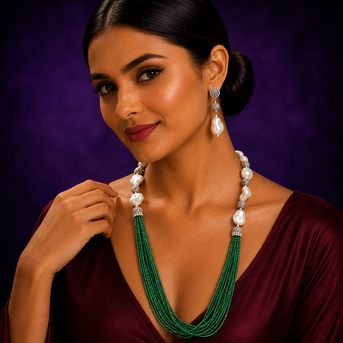 HALF LAYERD AND STONES MALA IN GREEN FOR WOMEN