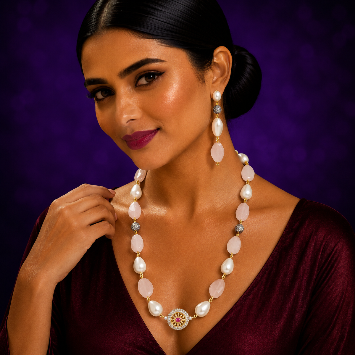 PEARLS WITH COLOURED STONES IN PINK AND WHITE FOR WOMEN