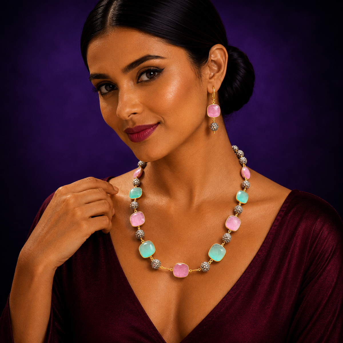 NATURAL STONES IN PINK AND MINT MALA FOR WOMEN