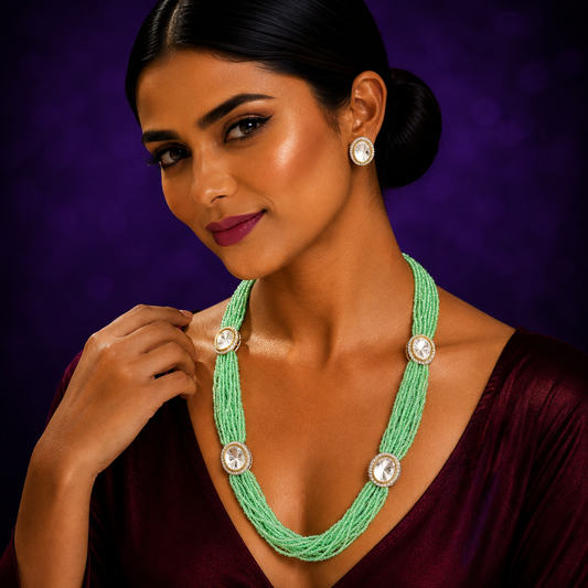 RICE  BEADS WITH POLKIS MALA IN Mint FOR WOMEN