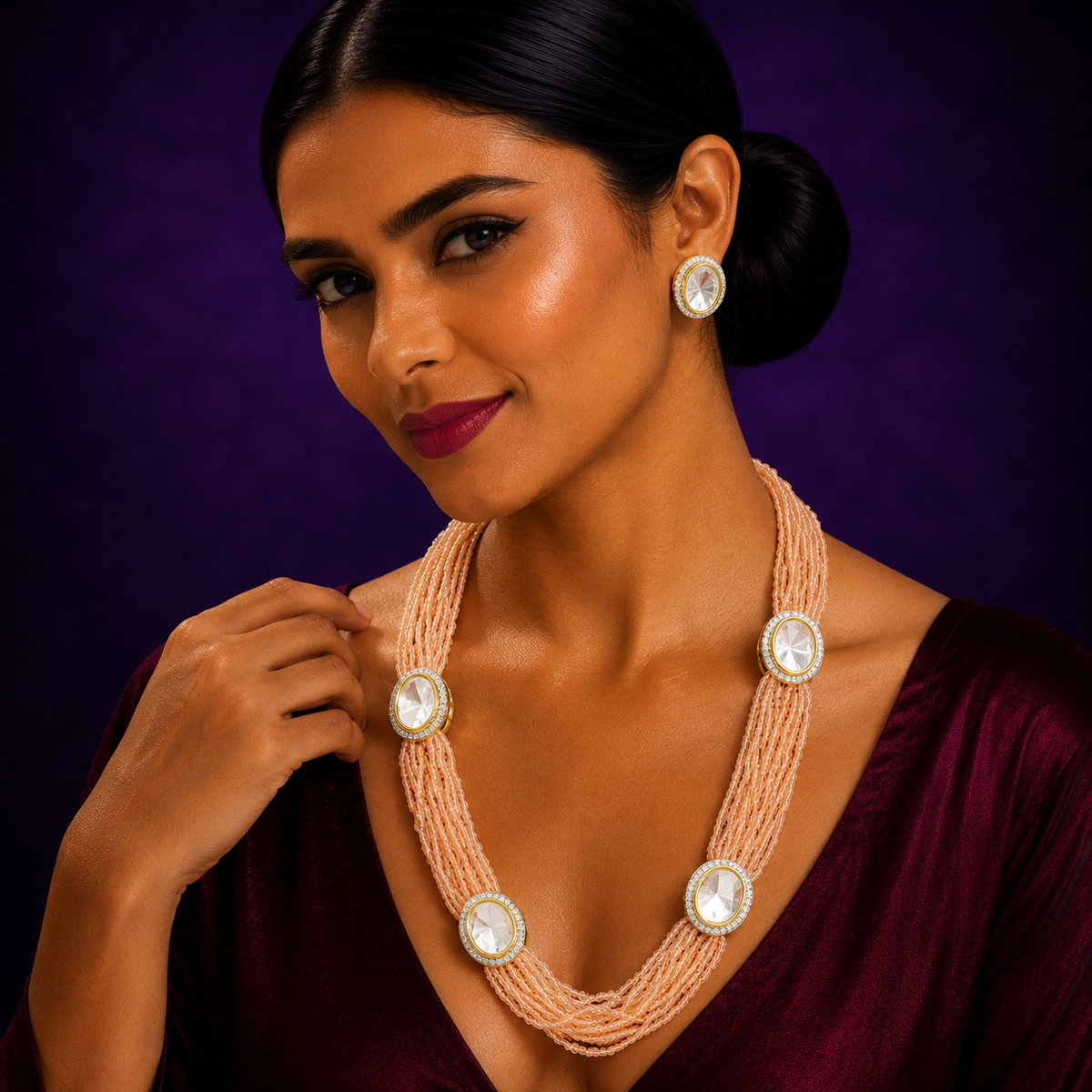 RICE  BEADS WITH POLKIS MALA IN PEACH FOR WOMEN