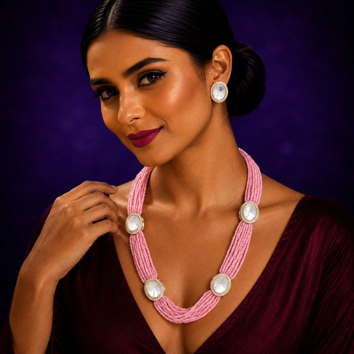 RICE  BEADS WITH POLKIS MALA IN PINK FOR WOMEN