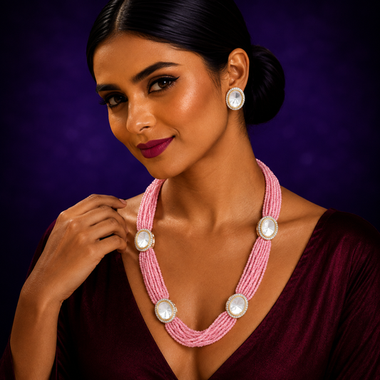 RICE  BEADS WITH POLKIS MALA IN PINK FOR WOMEN