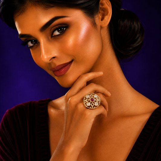 ROUND KUNDAN RING IN RUBI FOR WOMEN