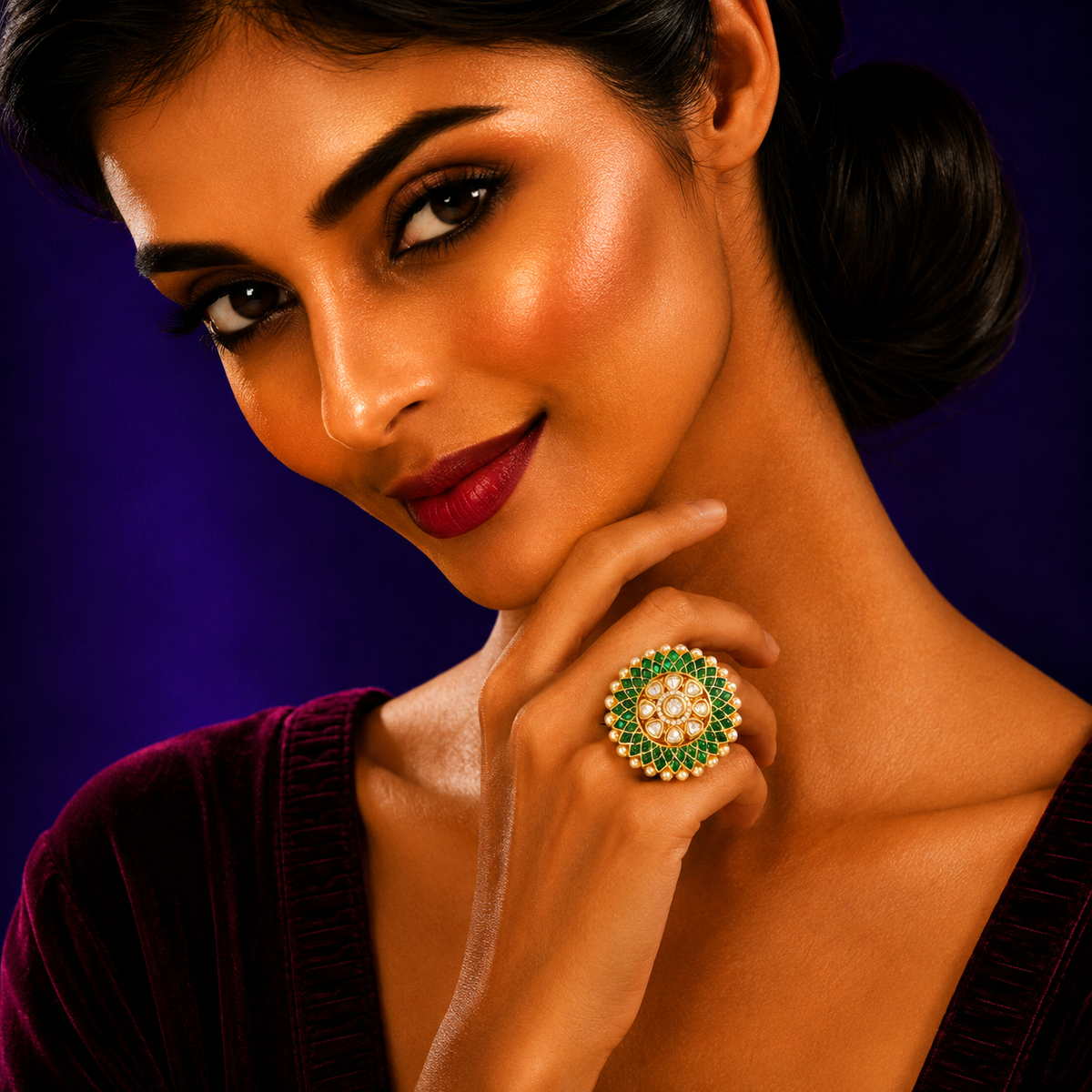 KUNDAN TRADITIONAL FINGER  RING IN GREEN FOR WOMEN