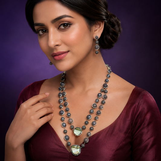 Antique double layered mala with earrings for women