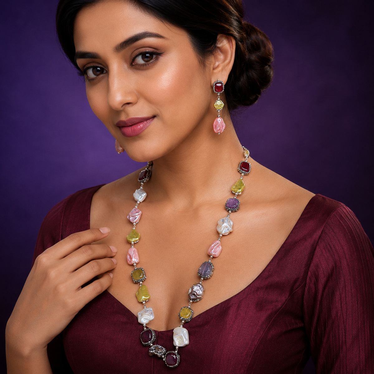 Natural precious single lina mala  in multi with earrings for women