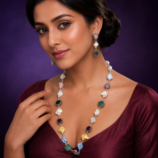 Natural semi precious  single lina mala  in multi with earrings for women
